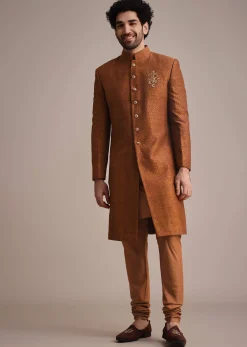 Brown Zari Embroidered Sherwani Suit With Mandarin Collar
