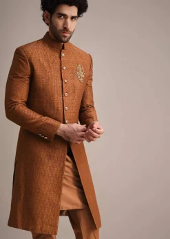 Brown Zari Embroidered Sherwani Suit With Mandarin Collar
