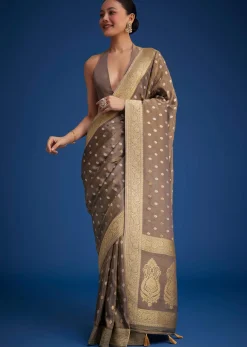 Brownish Grey Tissue Silk Saree With Zari Border And Butti Work