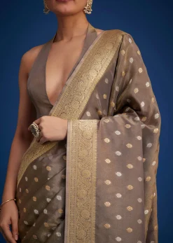Brownish Grey Tissue Silk Saree With Zari Border And Butti Work