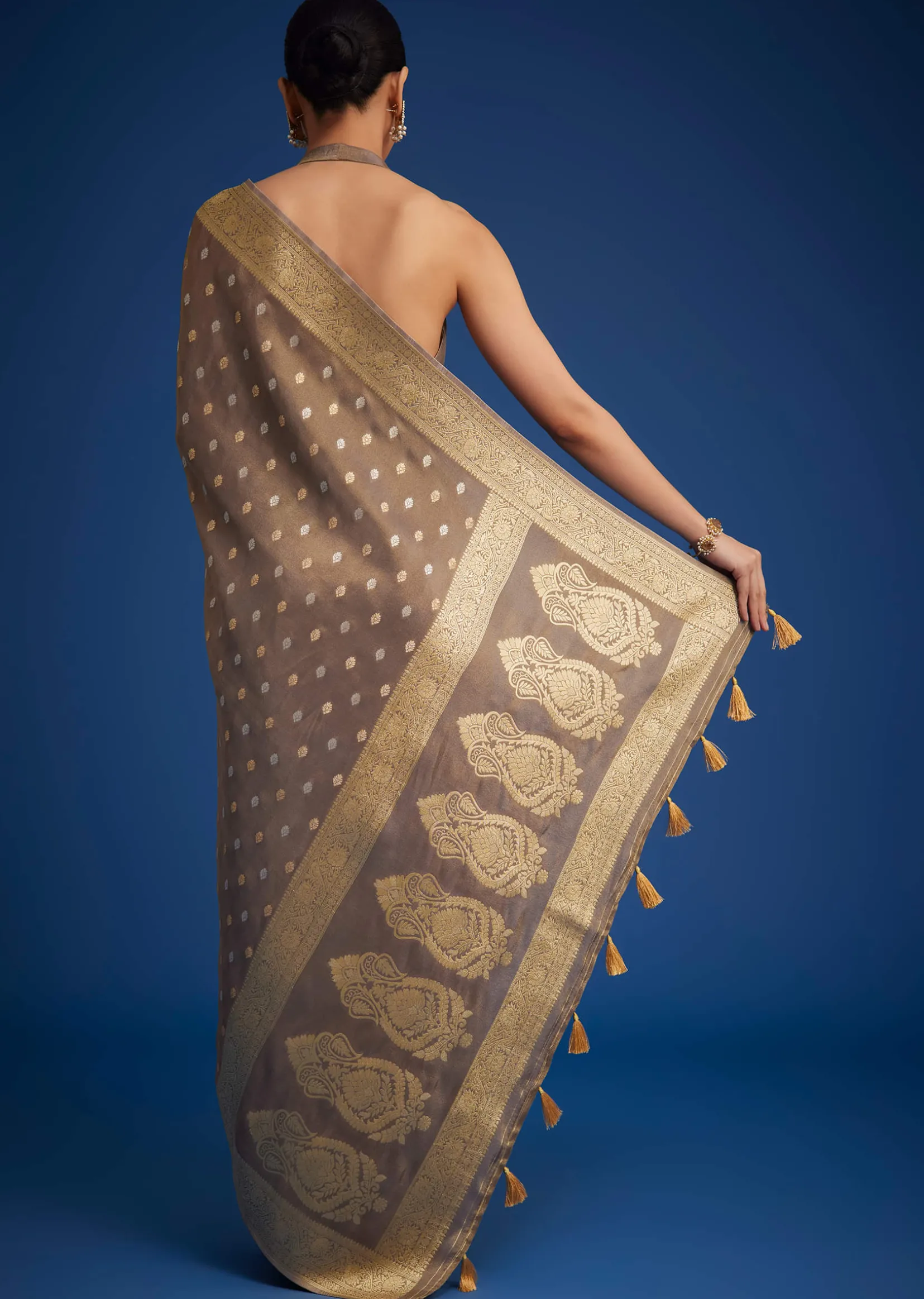 Brownish Grey Tissue Silk Saree With Zari Border And Butti Work