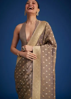 Brownish Grey Tissue Silk Saree With Zari Border And Butti Work