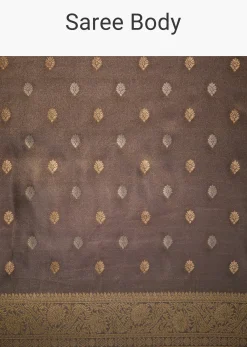 Brownish Grey Tissue Silk Saree With Zari Border And Butti Work
