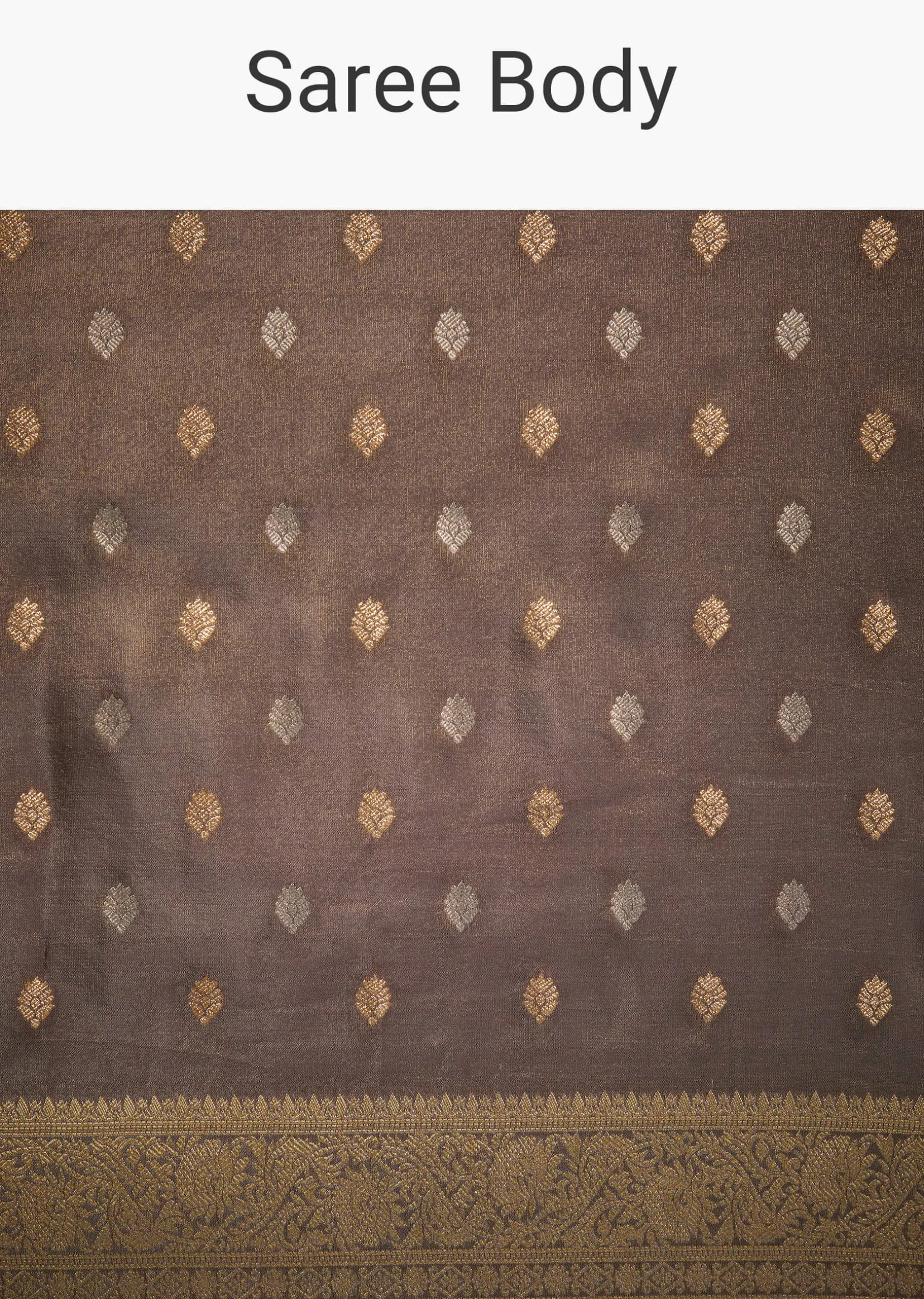 Brownish Grey Tissue Silk Saree With Zari Border And Butti Work