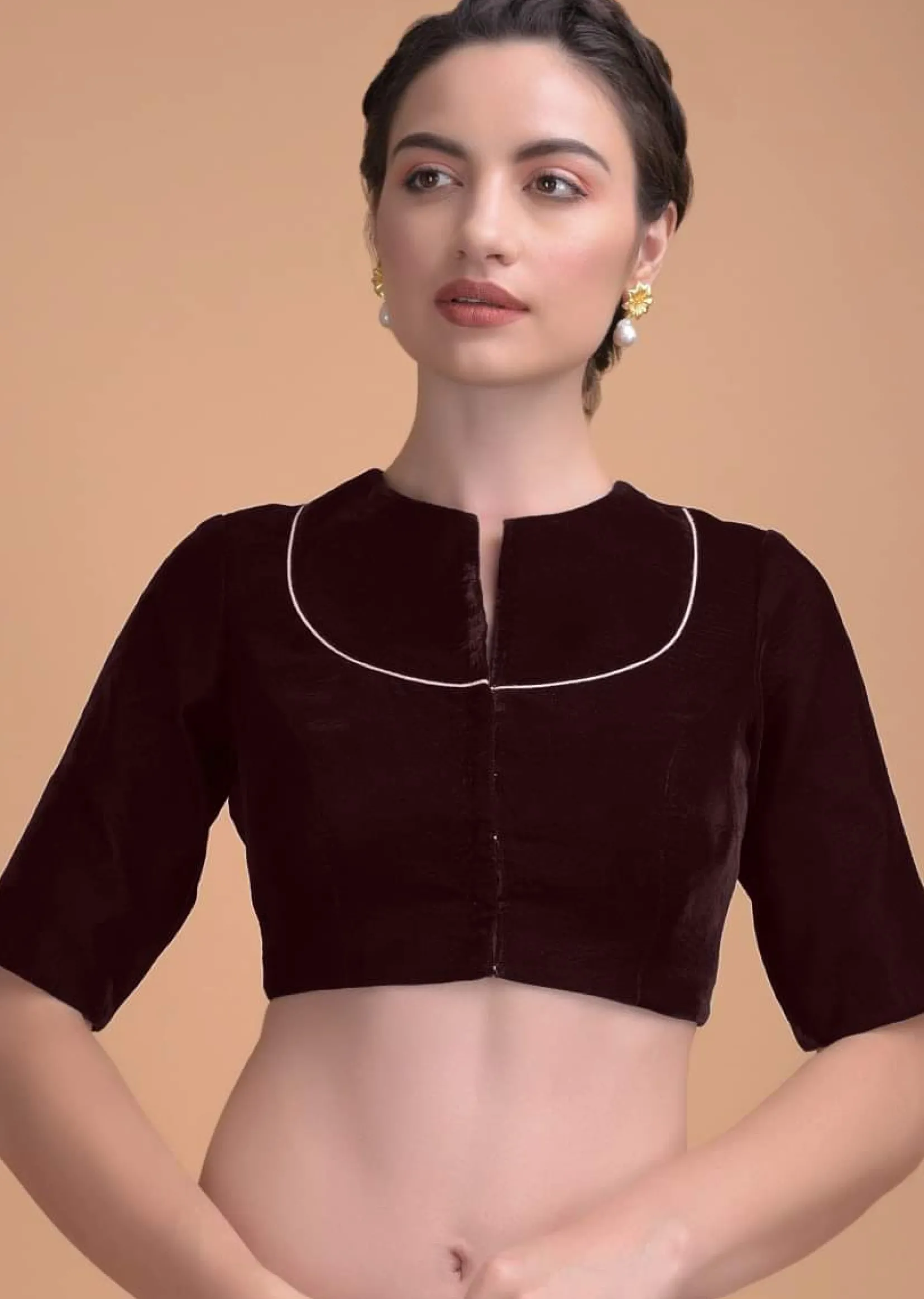 Burgandy Blouse In Velvet With A Zari Lace Defining The Neckline