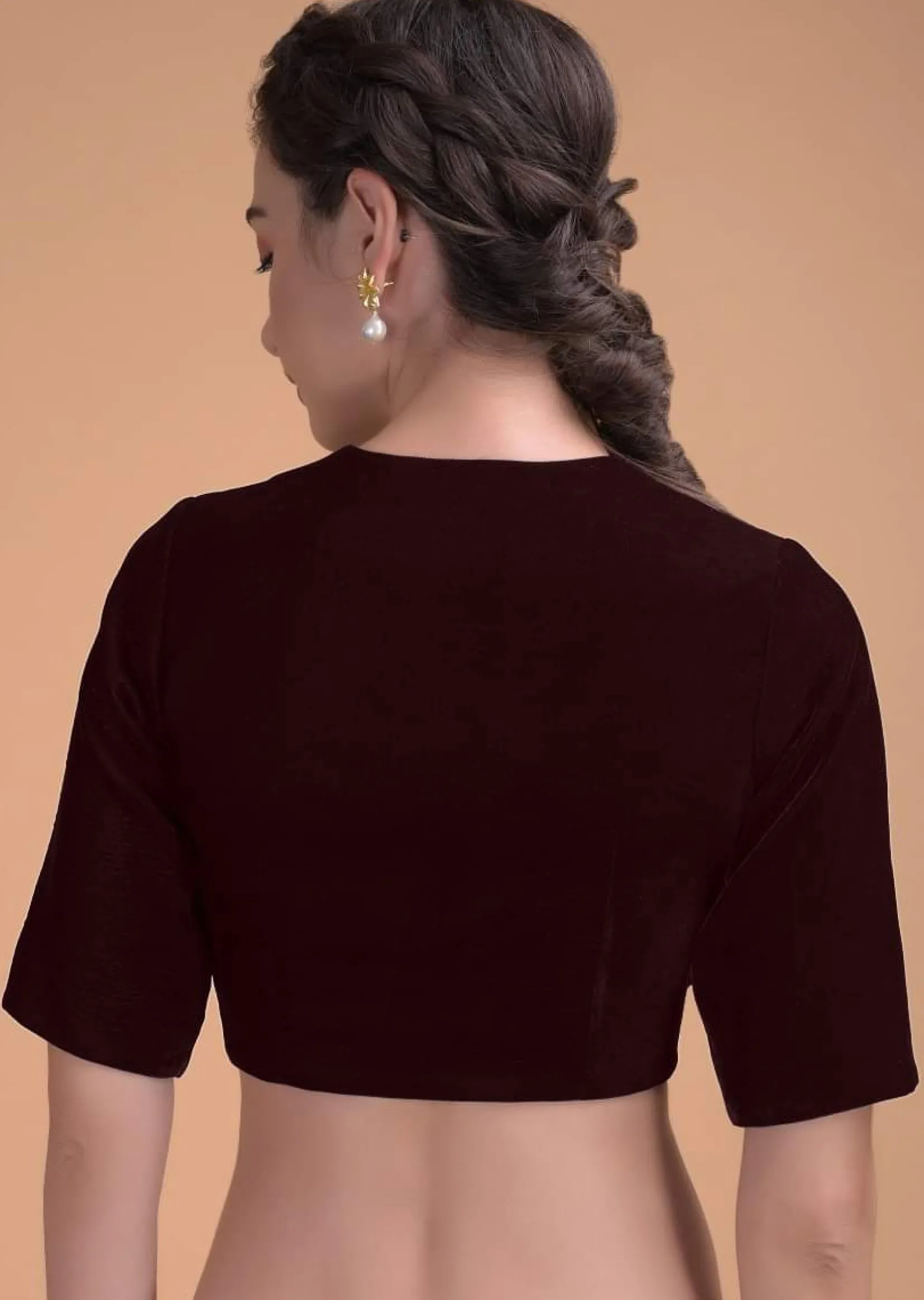 Burgandy Blouse In Velvet With A Zari Lace Defining The Neckline