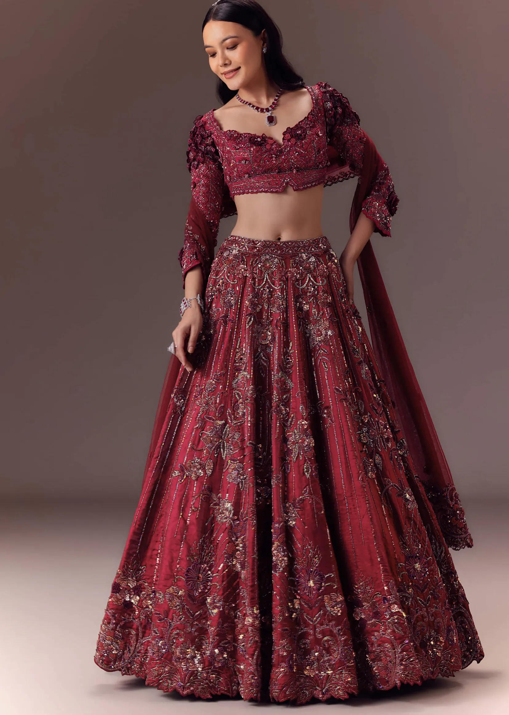 Burgandy Wine Organza Lehenga Set