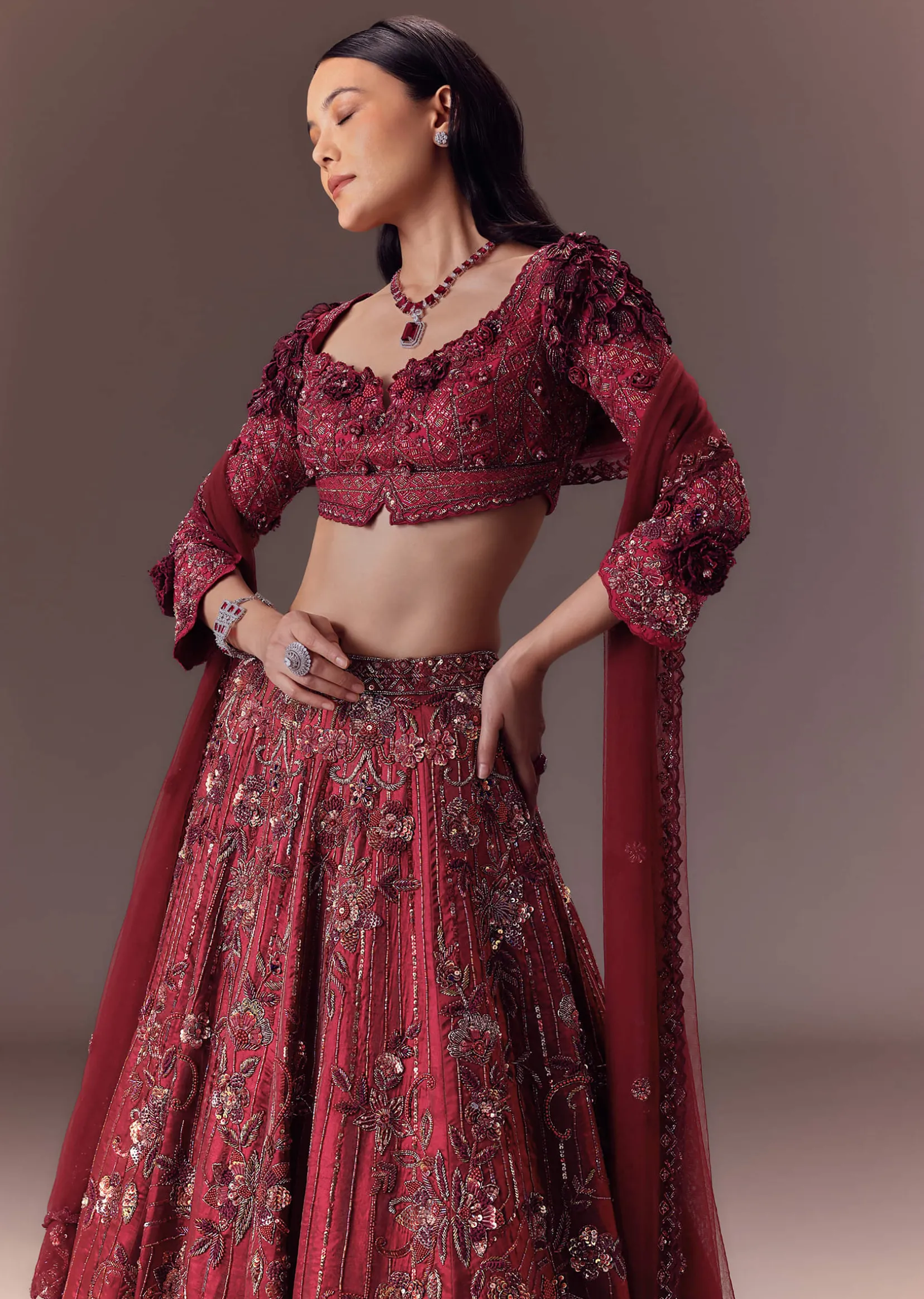 Burgandy Wine Organza Lehenga Set