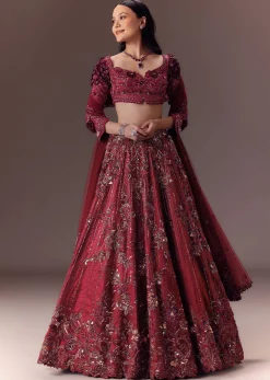 Burgandy Wine Organza Lehenga Set