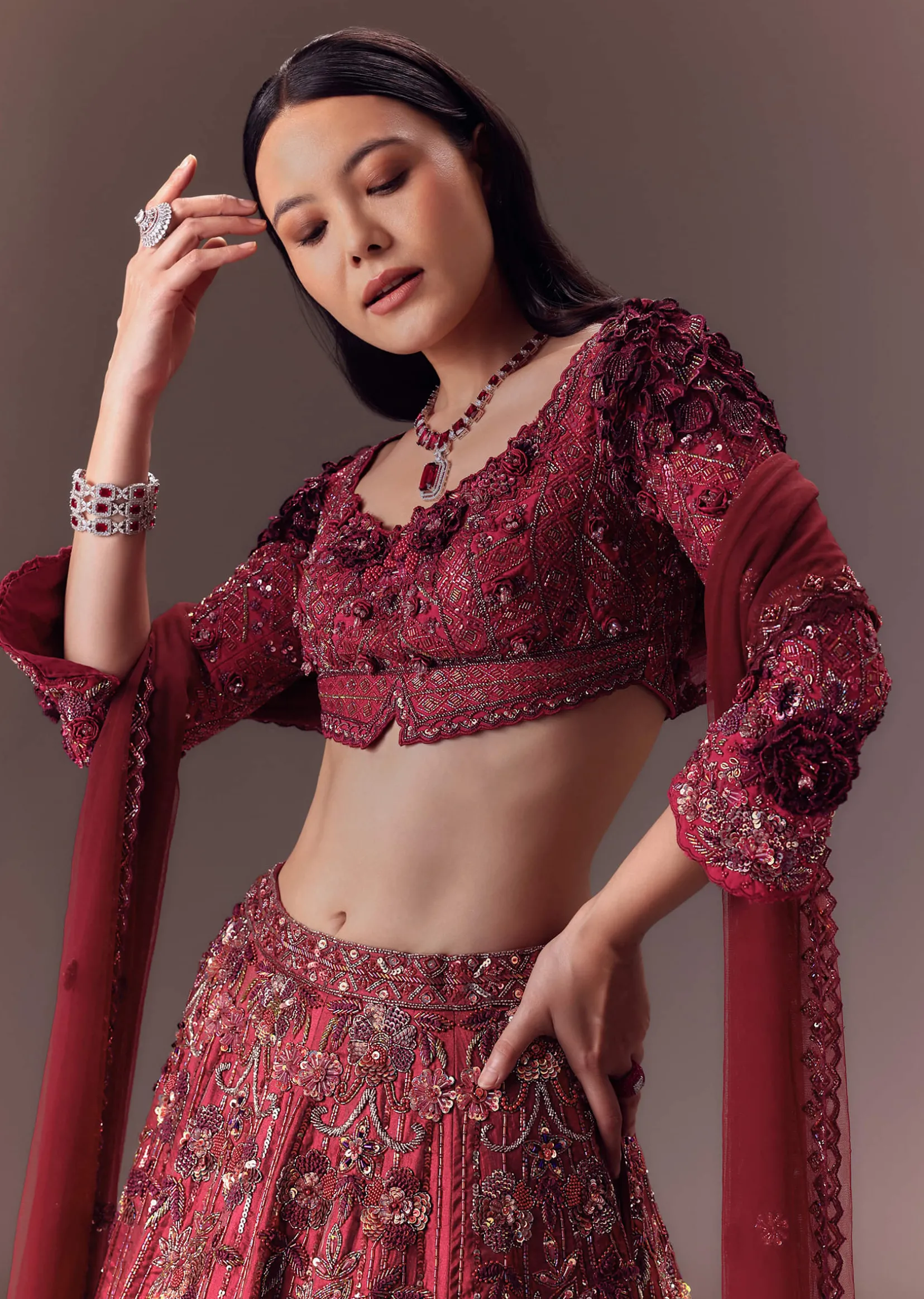 Burgandy Wine Organza Lehenga Set