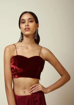 Burgundy Blouse Fabricated In Velvet With Spaghetti Straps And Sweetheart Neckline