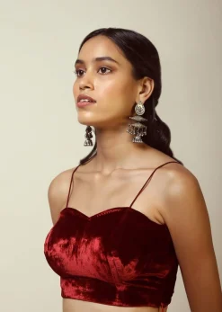 Burgundy Blouse Fabricated In Velvet With Spaghetti Straps And Sweetheart Neckline