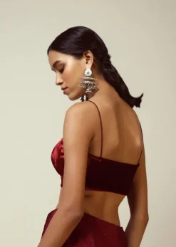 Burgundy Blouse Fabricated In Velvet With Spaghetti Straps And Sweetheart Neckline