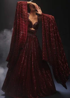 Burgundy Gown In Sequins Embellished Net With Attached Cape And Cut Dana Accented Front Cut Bodice
