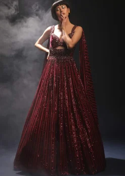 Burgundy Gown In Sequins Embellished Net With Attached Cape And Cut Dana Accented Front Cut Bodice