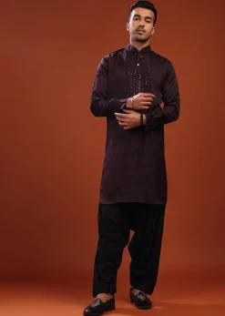 Burgundy Purple Festive Kurta In Mini Silk With Lucknowi Embroidery