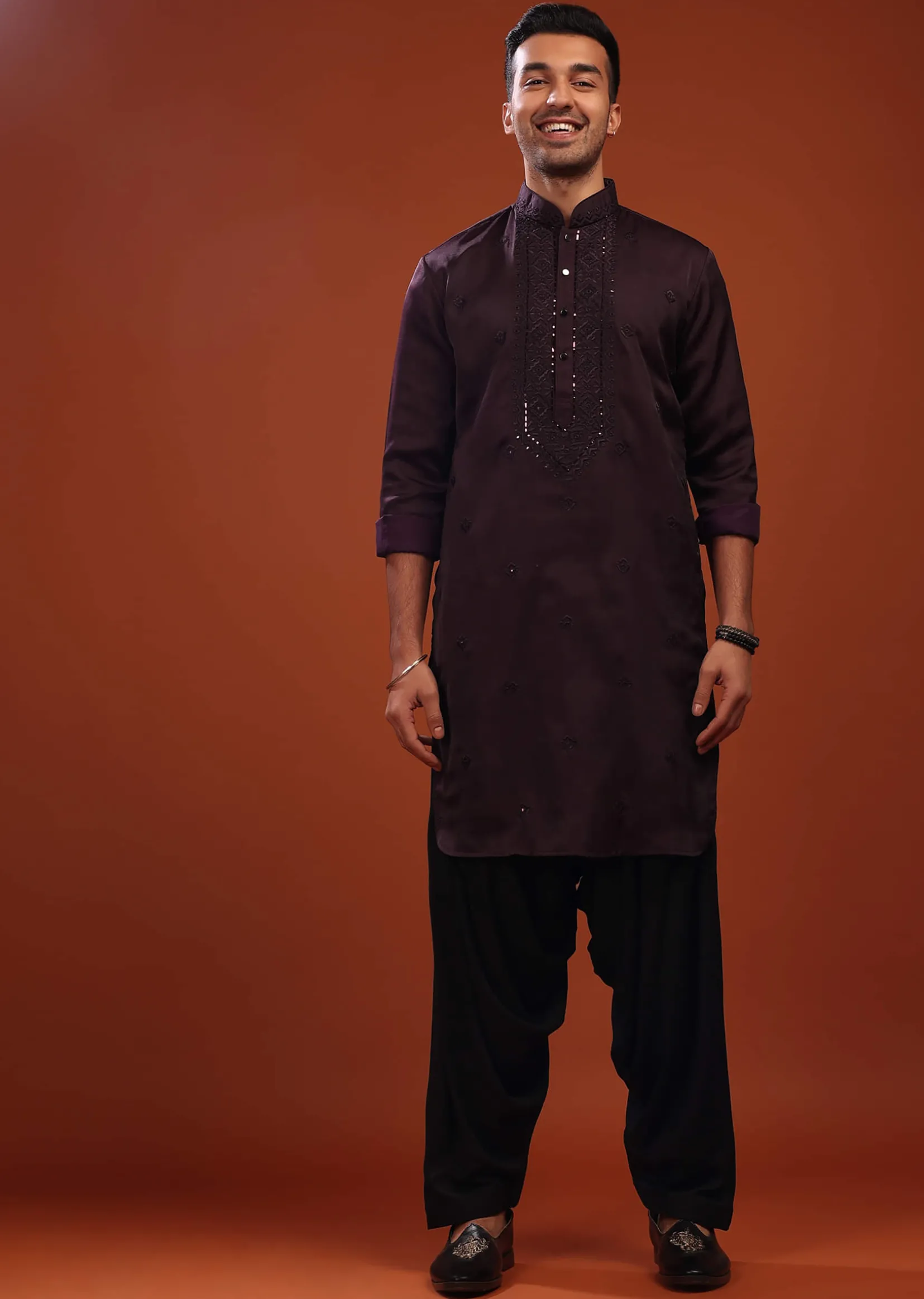 Burgundy Purple Festive Kurta In Mini Silk With Lucknowi Embroidery