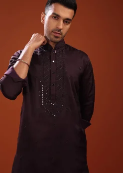 Burgundy Purple Festive Kurta In Mini Silk With Lucknowi Embroidery