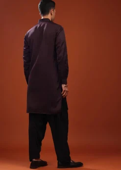 Burgundy Purple Festive Kurta In Mini Silk With Lucknowi Embroidery