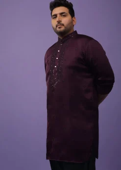 Burgundy Purple Lucknowi Embroidered Kurta In Mini Silk