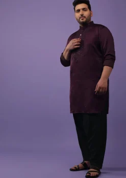 Burgundy Purple Lucknowi Embroidered Kurta In Mini Silk