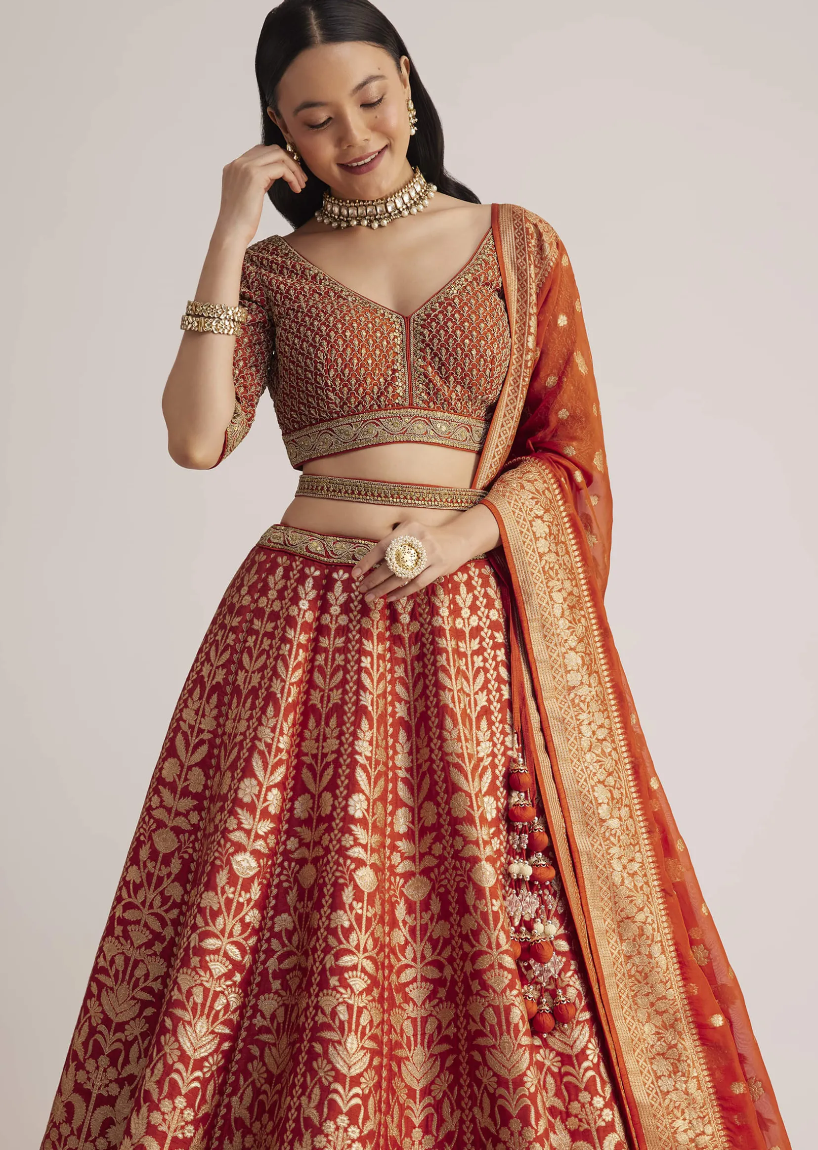 Burnt Orange Brocade Embroidered Lehenga Set