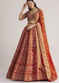 Burnt Orange Brocade Embroidered Lehenga Set