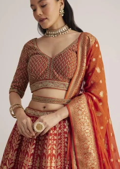Burnt Orange Brocade Embroidered Lehenga Set