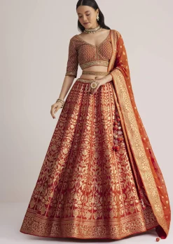 Burnt Orange Brocade Embroidered Lehenga Set