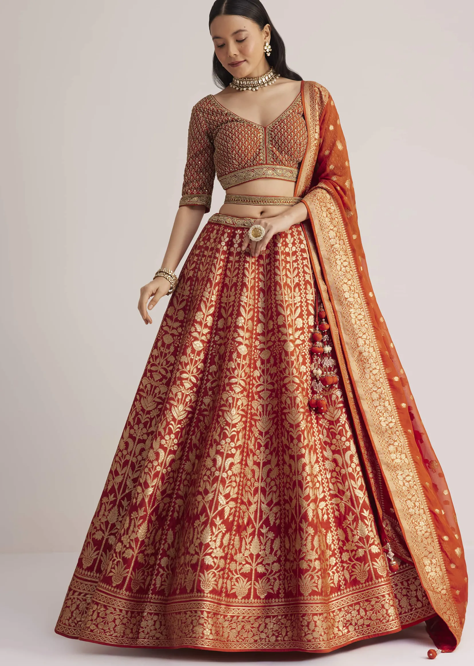 Burnt Orange Brocade Embroidered Lehenga Set