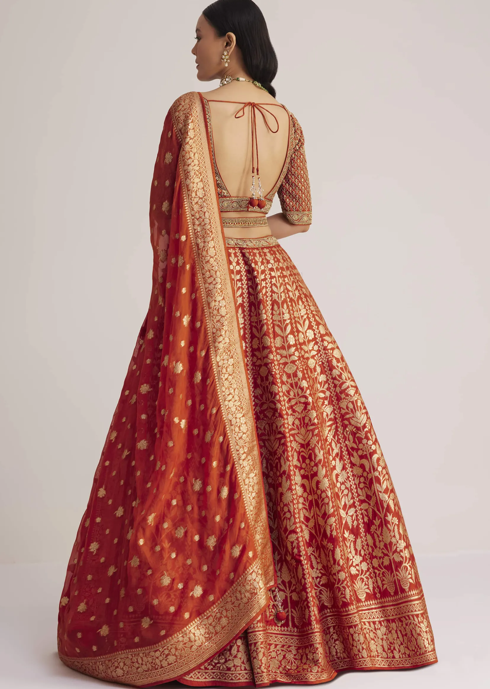 Burnt Orange Brocade Embroidered Lehenga Set