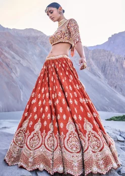 Burnt Orange Embroidered Silk Lehenga With Two Dupattas