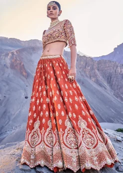 Burnt Orange Embroidered Silk Lehenga With Two Dupattas