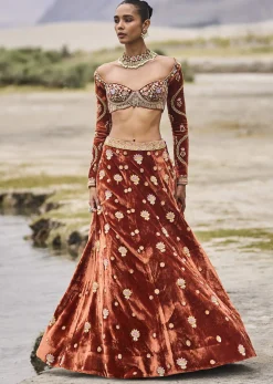 Burnt Orange Multi Embroidered Velvet Lehenga And Printed Organza Dupatta