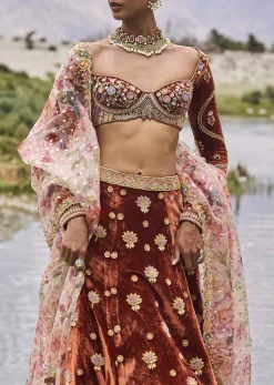 Burnt Orange Multi Embroidered Velvet Lehenga And Printed Organza Dupatta