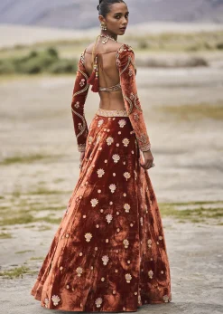Burnt Orange Multi Embroidered Velvet Lehenga And Printed Organza Dupatta
