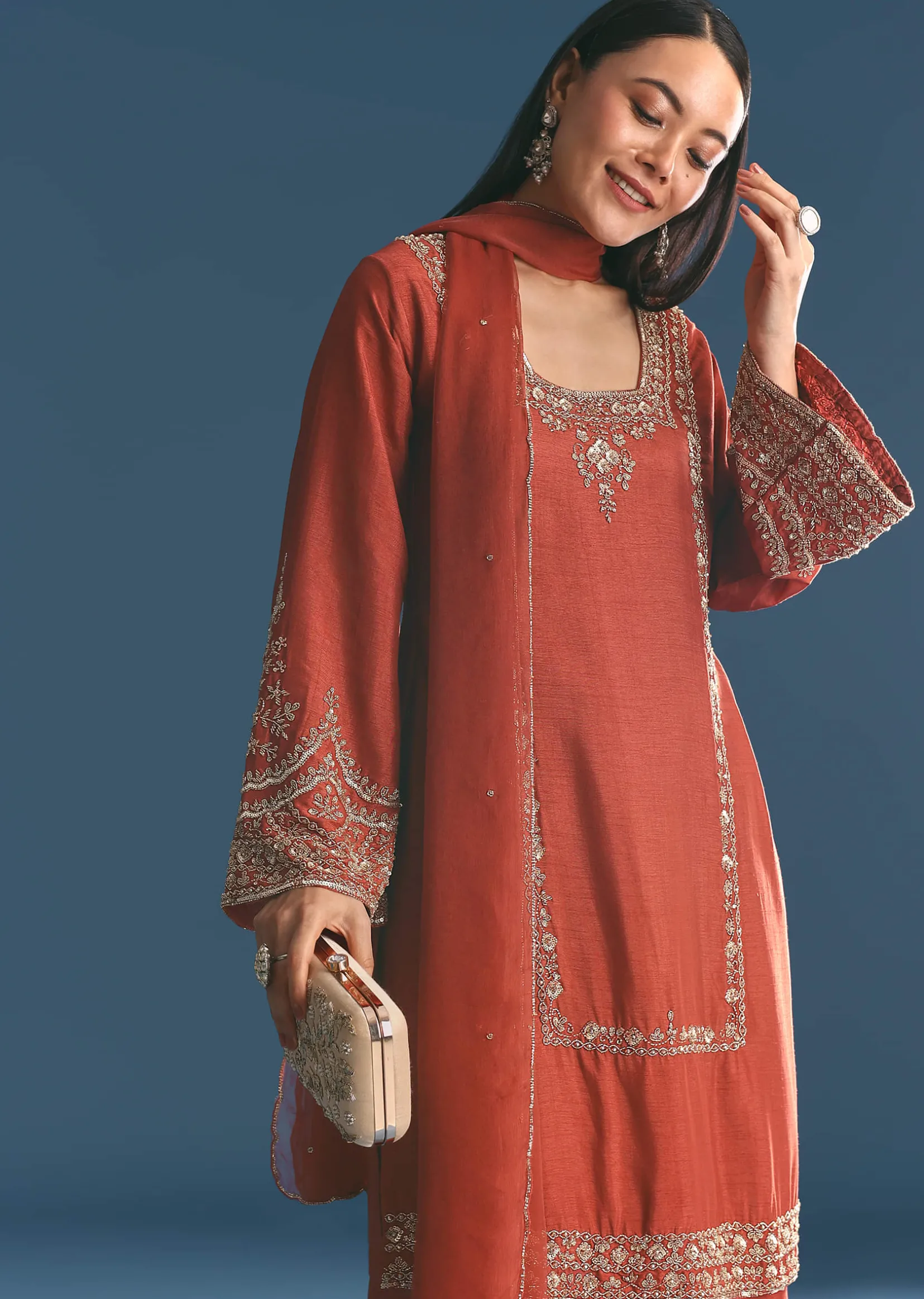 Burnt Orange Silk Sequin Beaded Kurta Set With Dupatta