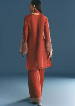 Burnt Orange Silk Sequin Beaded Kurta Set With Dupatta