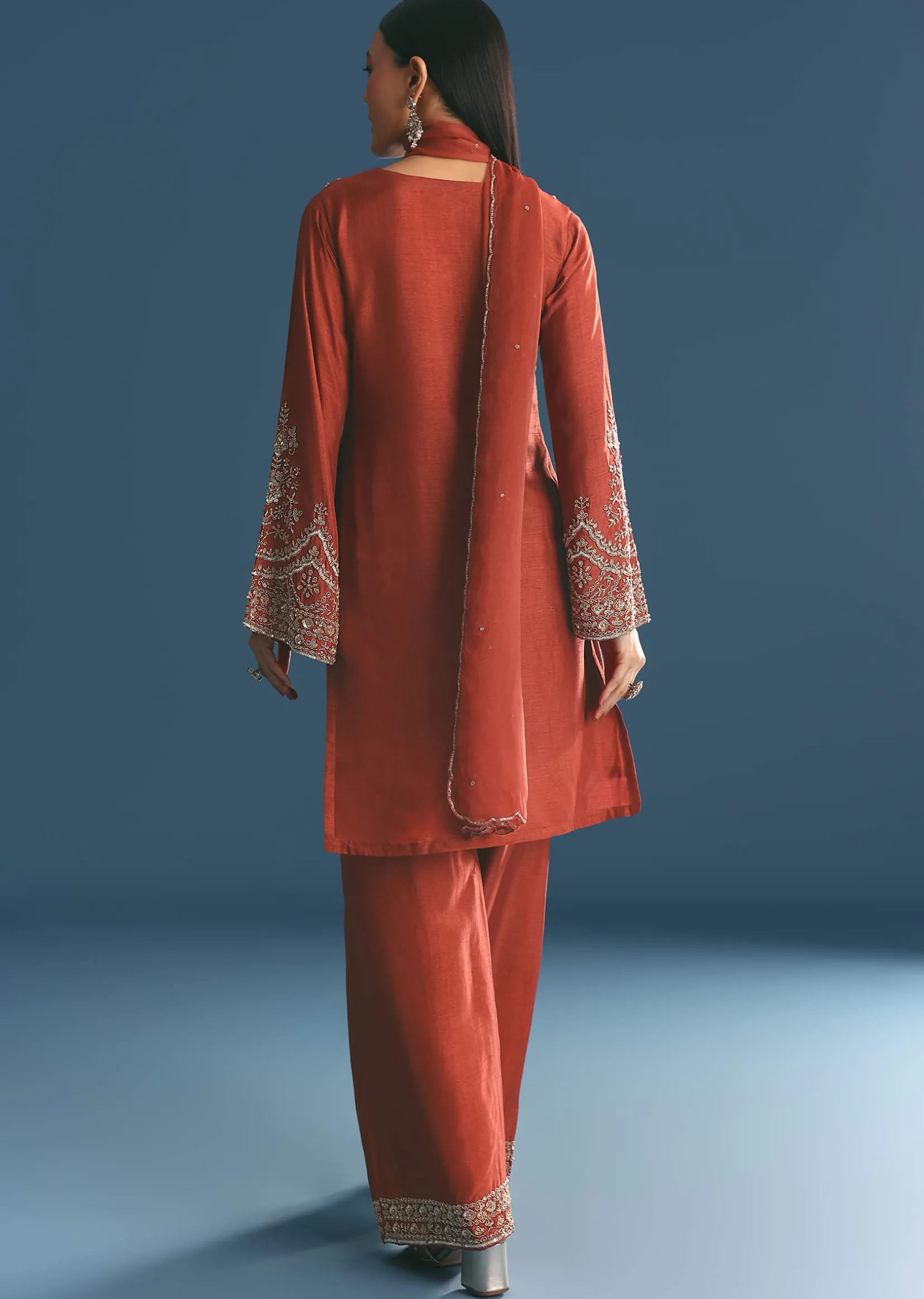 Burnt Orange Silk Sequin Beaded Kurta Set With Dupatta