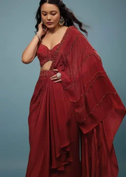 Burnt Red Ready-Pleated Embroidered Saree