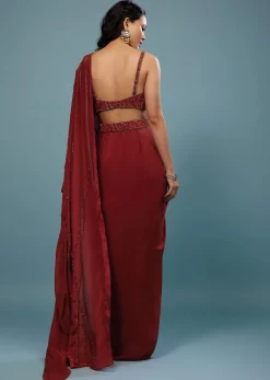 Burnt Red Ready-Pleated Embroidered Saree