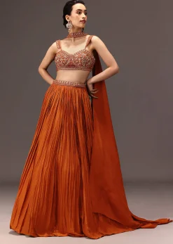 Burnt Rust Organza Hand Embellished Ruched Lehenga Set With Choker Dupatta