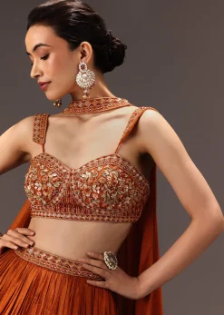 Burnt Rust Organza Hand Embellished Ruched Lehenga Set With Choker Dupatta