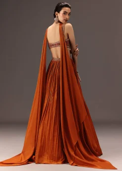 Burnt Rust Organza Hand Embellished Ruched Lehenga Set With Choker Dupatta