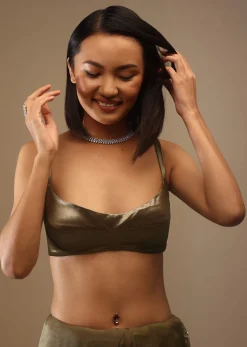 Butternut Olive Satin Spaghetti Strap Blouse With A Curved Neckline Tie Down At The Back