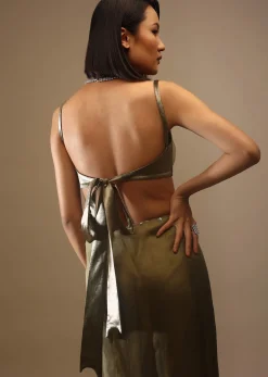 Butternut Olive Satin Spaghetti Strap Blouse With A Curved Neckline Tie Down At The Back