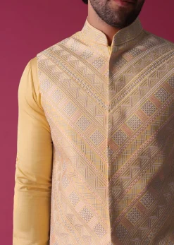 Canary Yellow Jacket Kurta Set In Art Silk With Threadwork