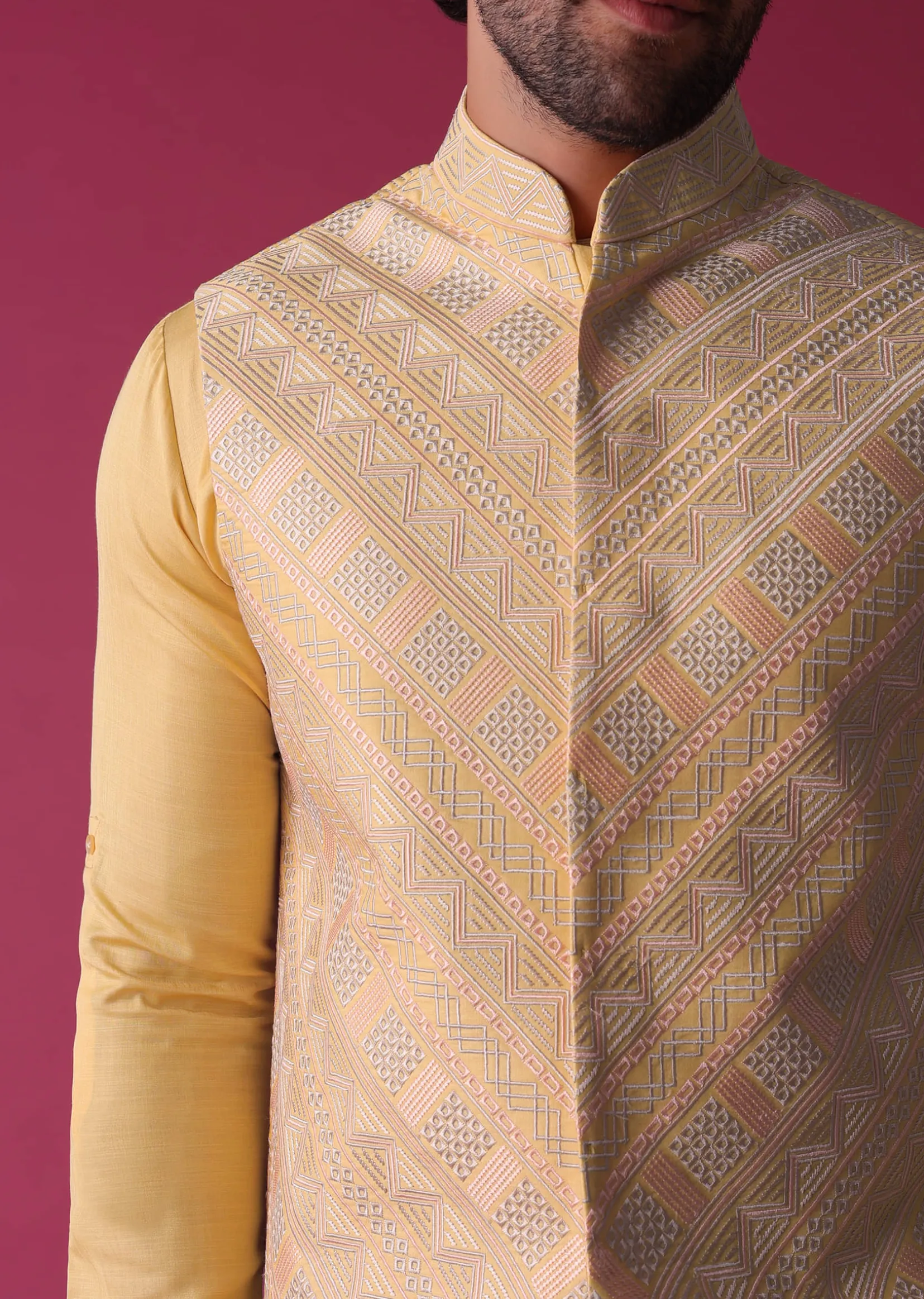 Canary Yellow Jacket Kurta Set In Art Silk With Threadwork