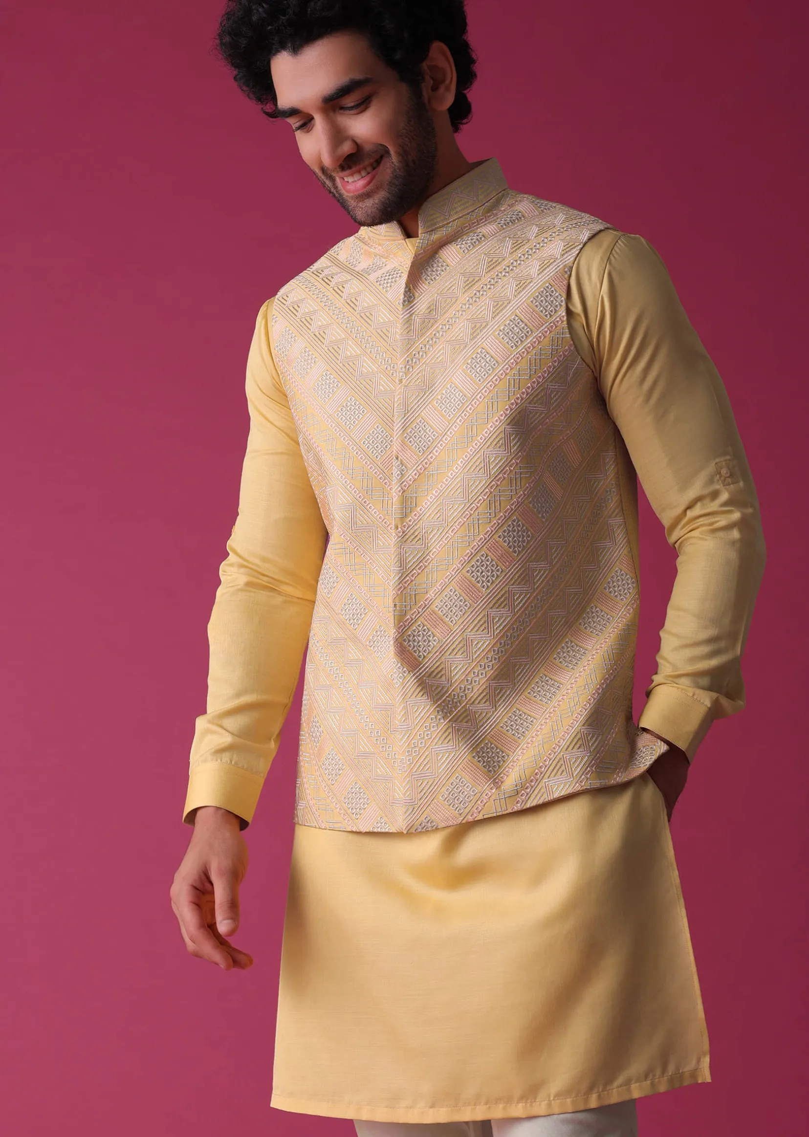 Canary Yellow Jacket Kurta Set In Art Silk With Threadwork
