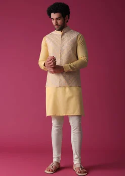 Canary Yellow Jacket Kurta Set In Art Silk With Threadwork